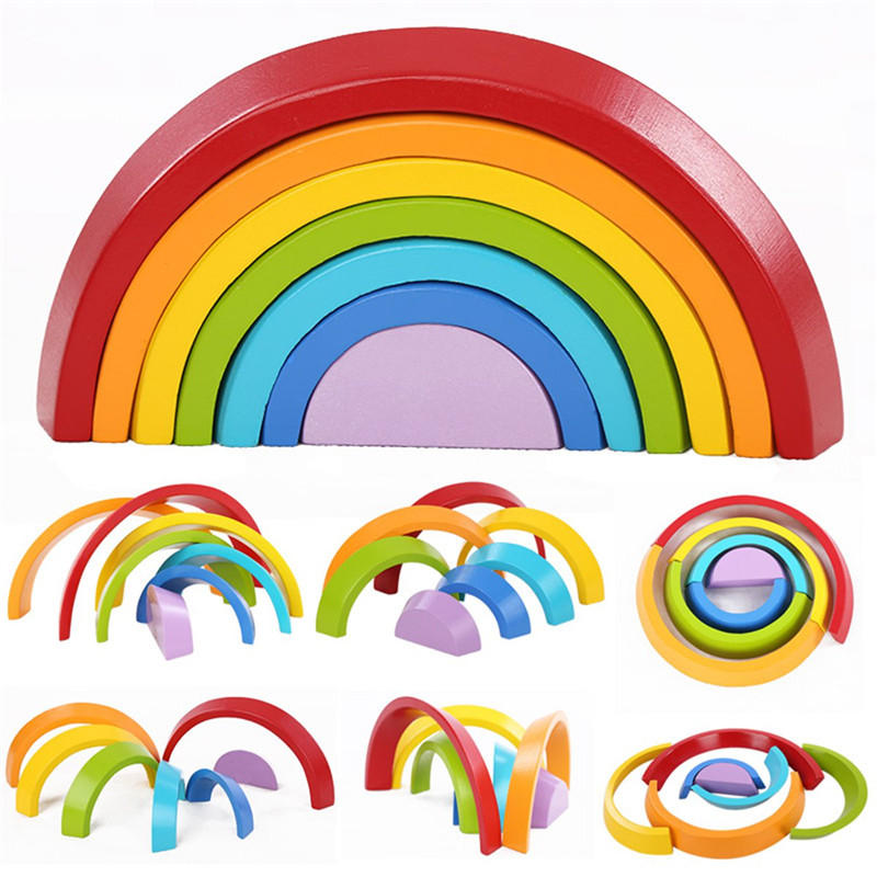 7 kleuren houten stapel regenboog vorm kinderen kinderen educatieve speel speelgoed set