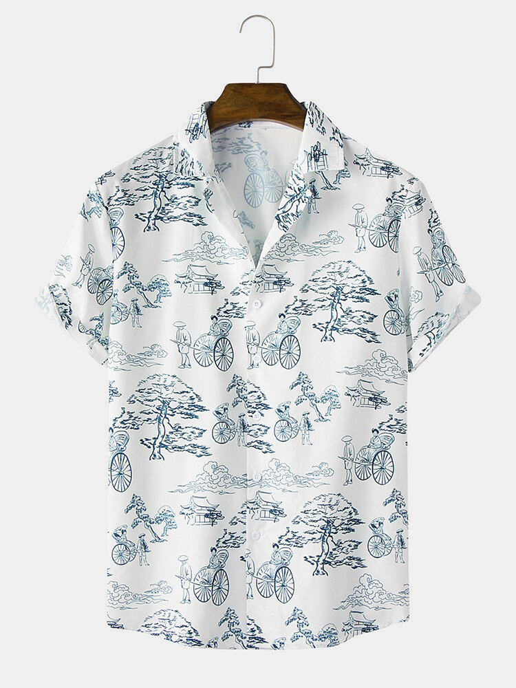 

Mens Ethnic Style Landscape Print Revere Collar Short Sleeve Shirt