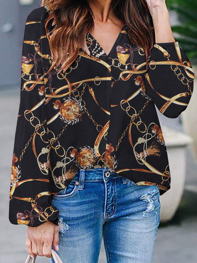 Chain Print V Neck Long Sleeve Casual Loose Blouse