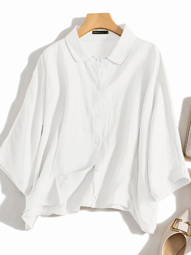 

Хлопковая однотонная повседневная блузка с лацканами и пуговицами со сборками