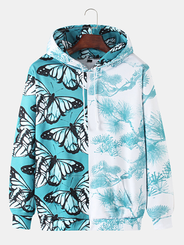 Mens Allover Butterfly Plant Print Patchwork Loose Pouch Pocket Trekkoord Hoodies