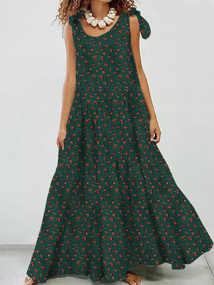 Women Cotton Floral Printing Sleeveless Detachable Bohemian Lace-Up Pleated Maxi Dress