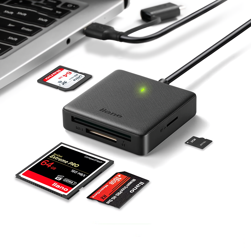 LLANO 4 in1 USB 3.0 Gen1-kaartlezer voor SD CF MS CF-kaartlezer 5 Gbps Type-C + USB3.0-connector
