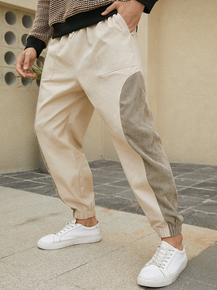Heren 100% katoen patchwork kleurblok elastische taille enkellange casual broek