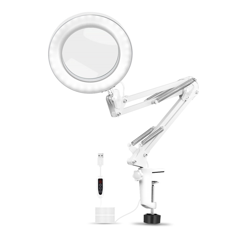 5X Magnifying Lamp Metal Swing Arm 3 Color Modes LED Magnifier Light Glass Lens