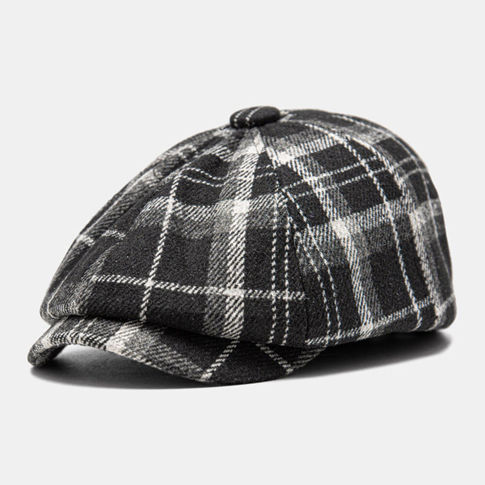 Men Newsboy Hats Woolen Cloth Cotton Color-match Lattice Vintage Octagonal Hat Berets Flat Cap