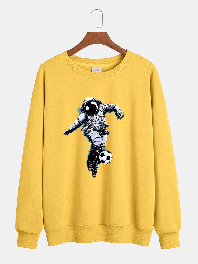 Mens Cotton Astronaut Chest Print Relaxed Fit Crew Neck Pullover Sweatshirts