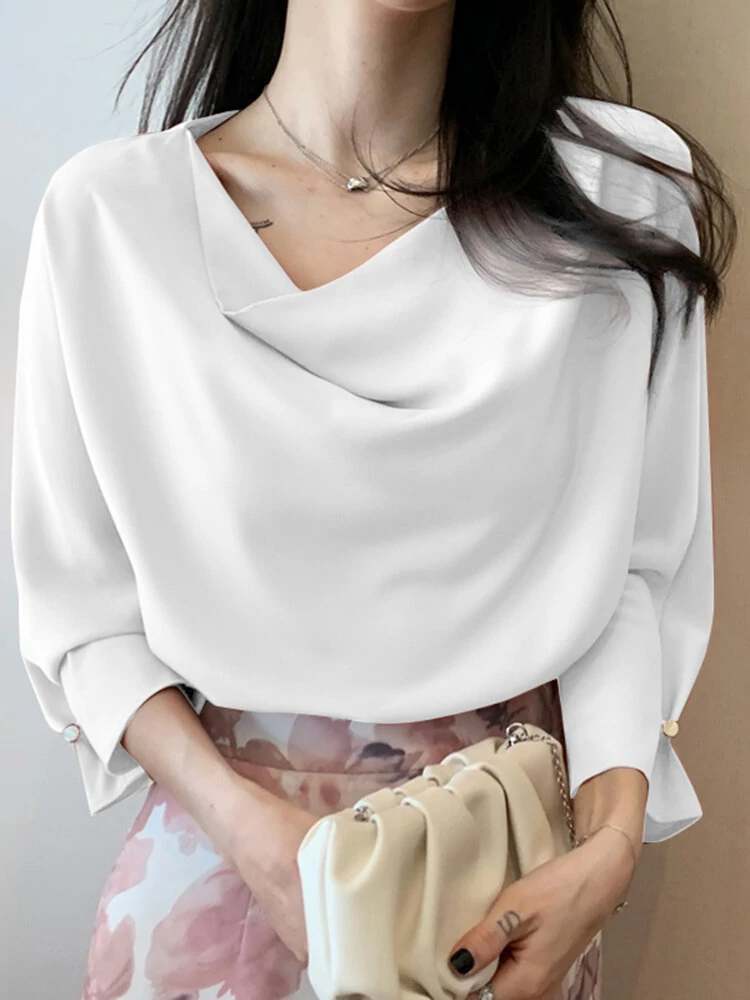 Satin solid cowl neck 3/4 sleeve women blouse