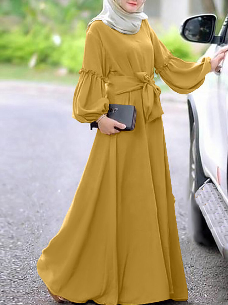 Women Long Sleeve Solid Color Belted O-Neck Button Maxi?Dress