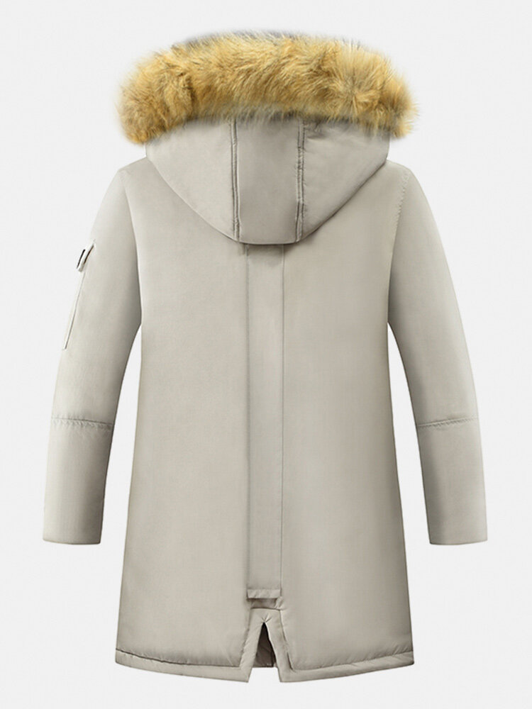 Men’s Winter Thicken Zip Up Mid-Length Fur Hooded Warm Down Jacket