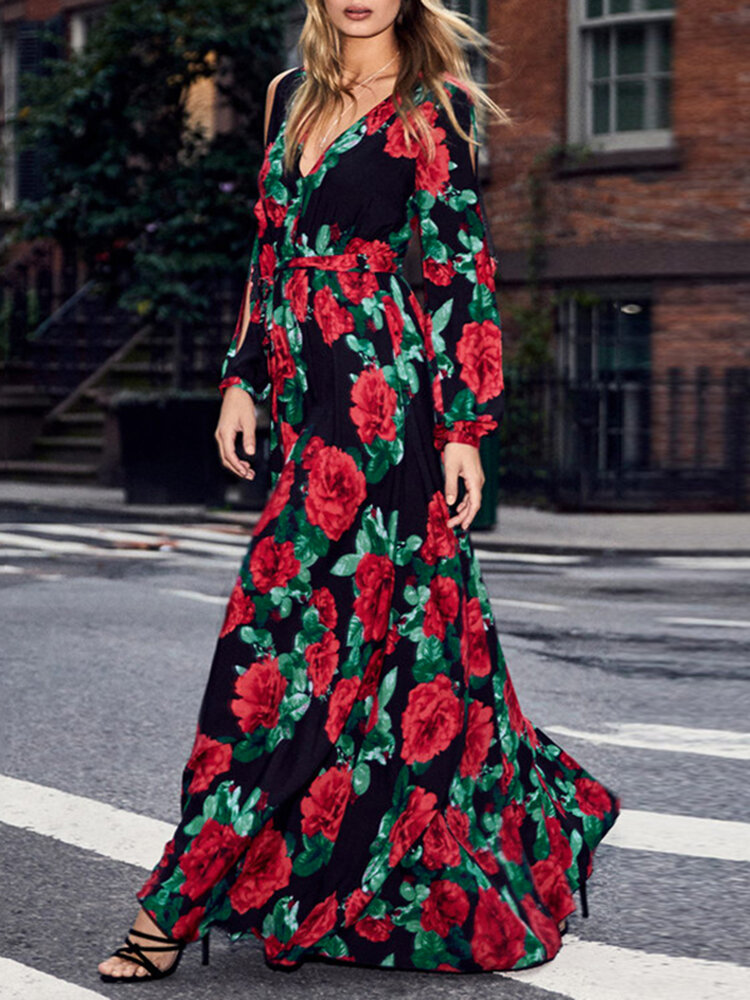 

Women Floral Print V-Neck Long Sleeve Swing Holiday Maxi Dress