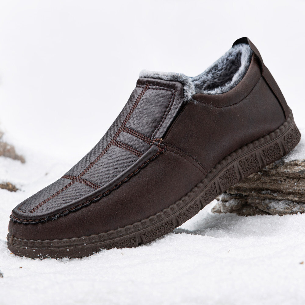 Men Leather Non Slip Warm Lined Soft Sole Solid Comfy Slip On Outdoor Casual Snow Shoes