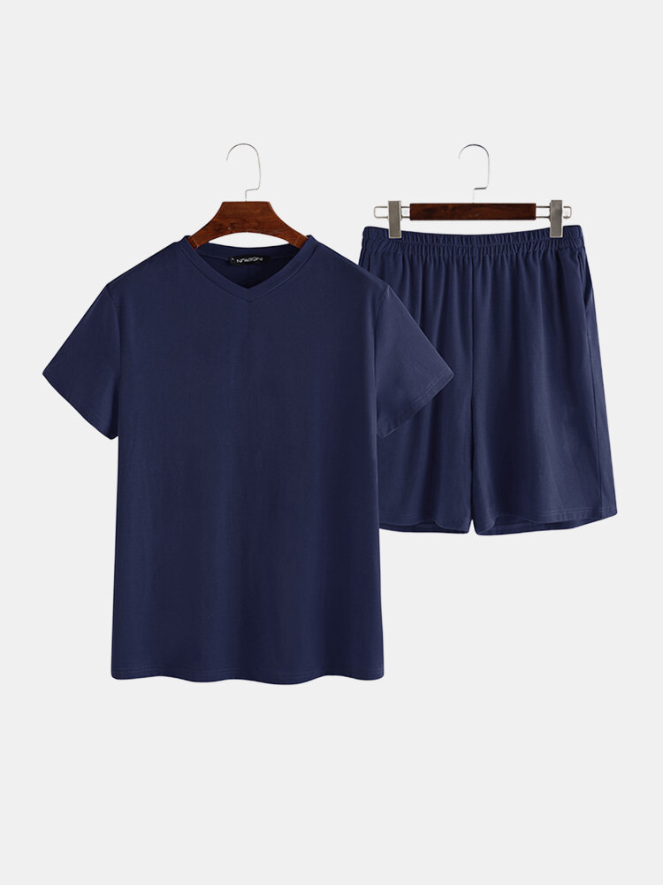 

Mens V-Neck Solid Color Short Sleeve Elastic Waist Shorts Sleepwear Home Pajama Set