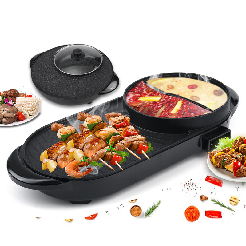 220V Electric Multi Cooker 2-IN-1 Hot Pot BBQ Oven Smokeless Non Stick Barbecue Roasting Baking Plat