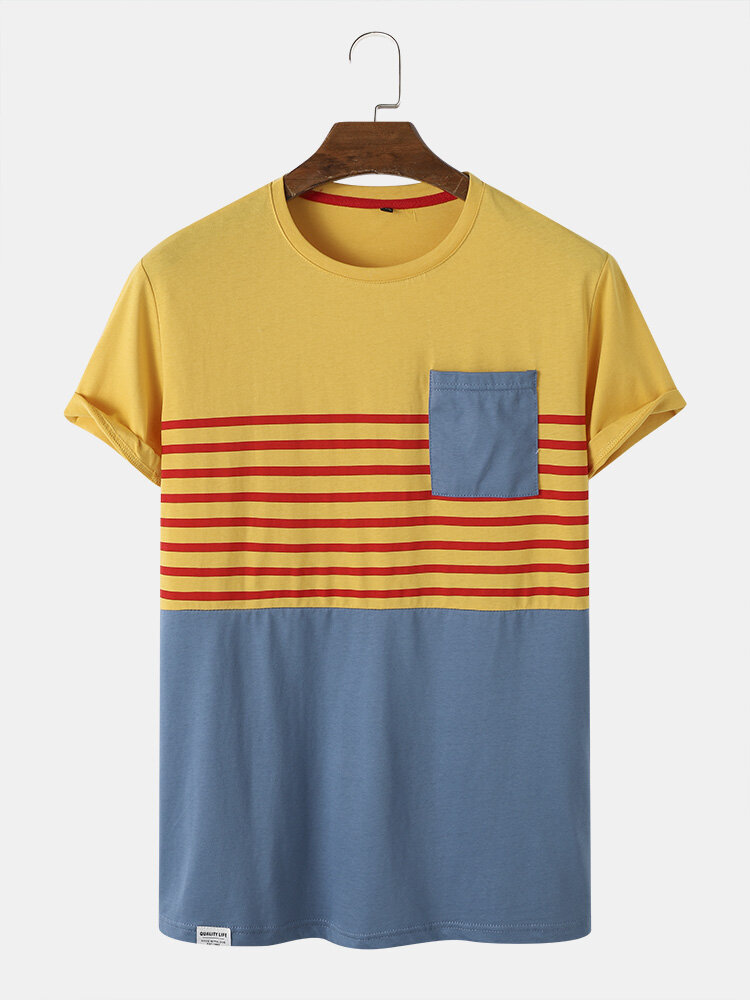 Men Cotton Contrast Striped Colorblock Chest Pocket Short Sleeve Leisure T-Shirt