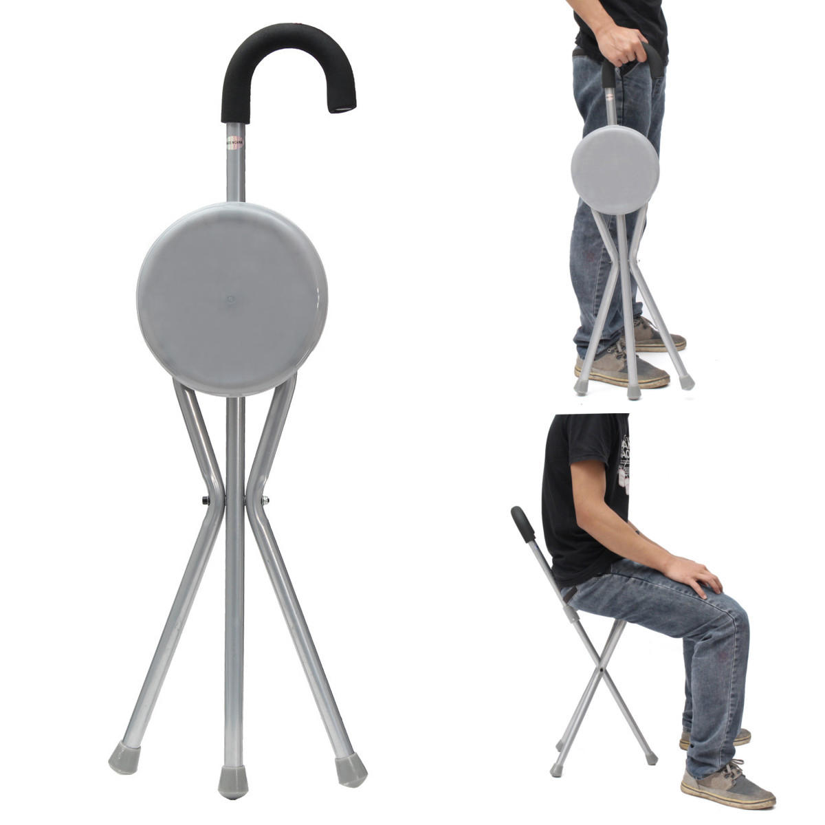 Outdoor Travel Folding Stool Chair Portable Tripod Cane Walking Stick Seat Camping Hiking