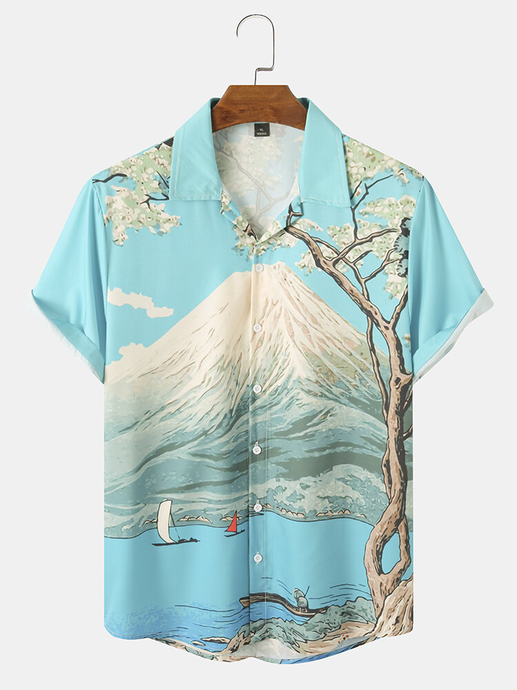 Men Mountain Pattern Landscape Print Short Sleeve Casual Shirts