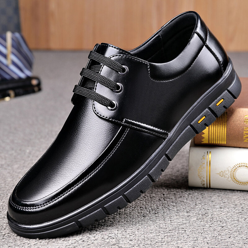 Men Warm Plush Lining Breathable Slip Resistant Cowhide Business Casual Shoes