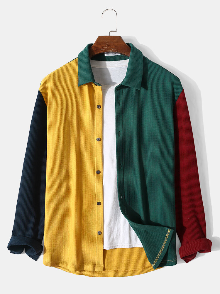 Heren Corduroy Contrast Colorblock Casual Knopen Shirts met lange mouwen