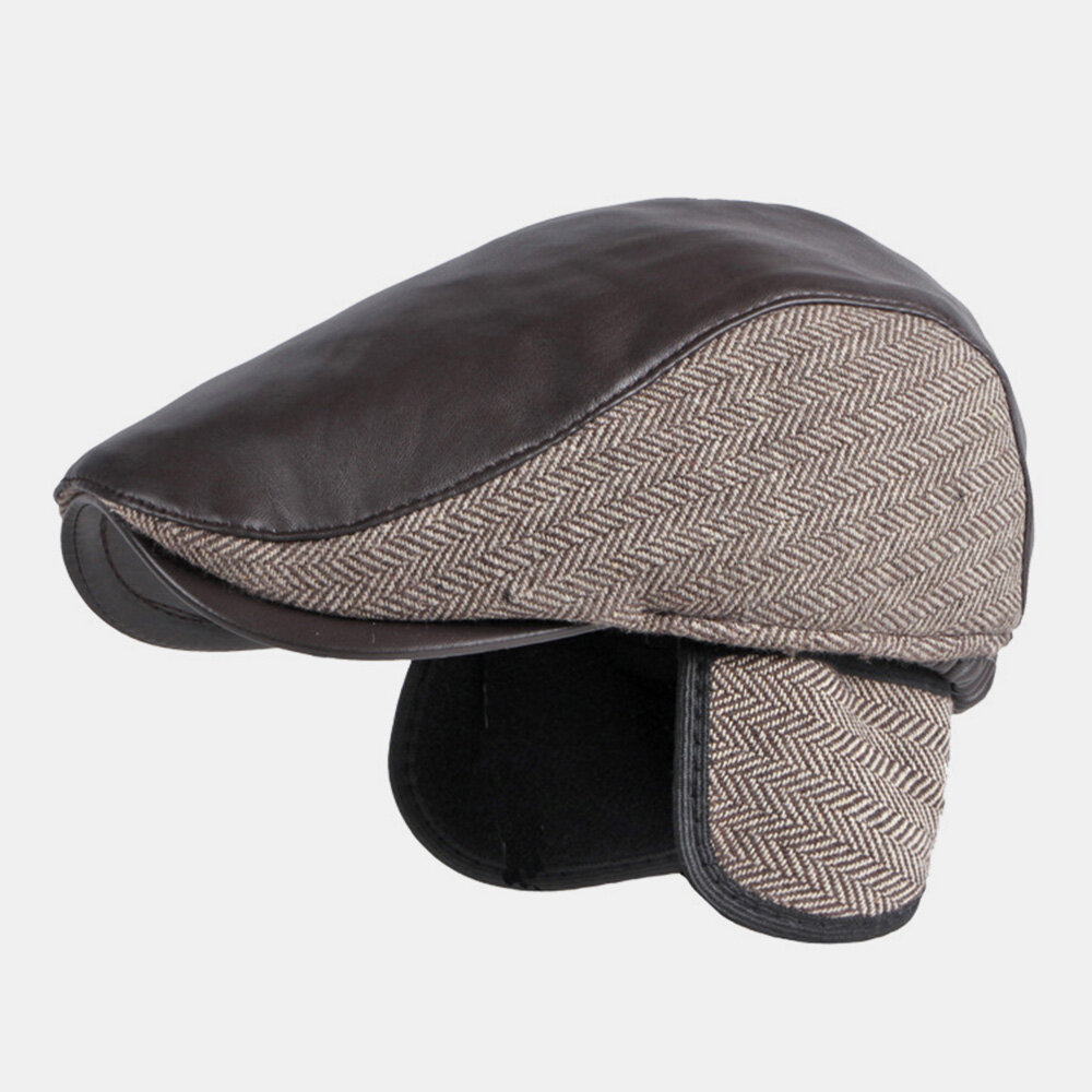 Mens PU Leather Stitching Earflaps Ear Protection Beret Cap Retro Outdoor Cool Protection Warm Forwa