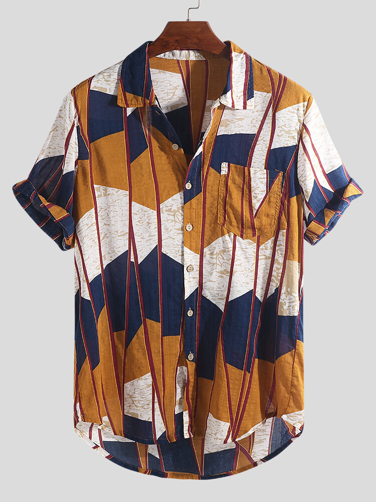 

Мужские абстрактные контрастные рубашки с цветными блоками и карманами с короткими рукавами