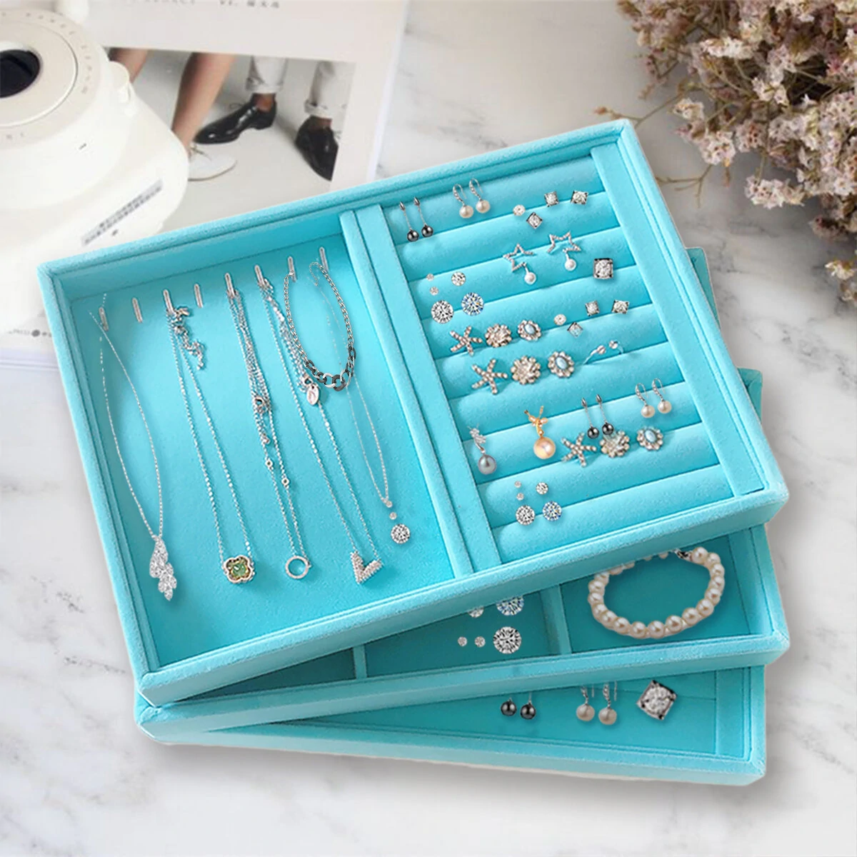 Blue Plush Jewelry Plaid Storage Box Jewelry Ring Earrings Earrings Bracelet Storage Tray Jewelry Display Plate