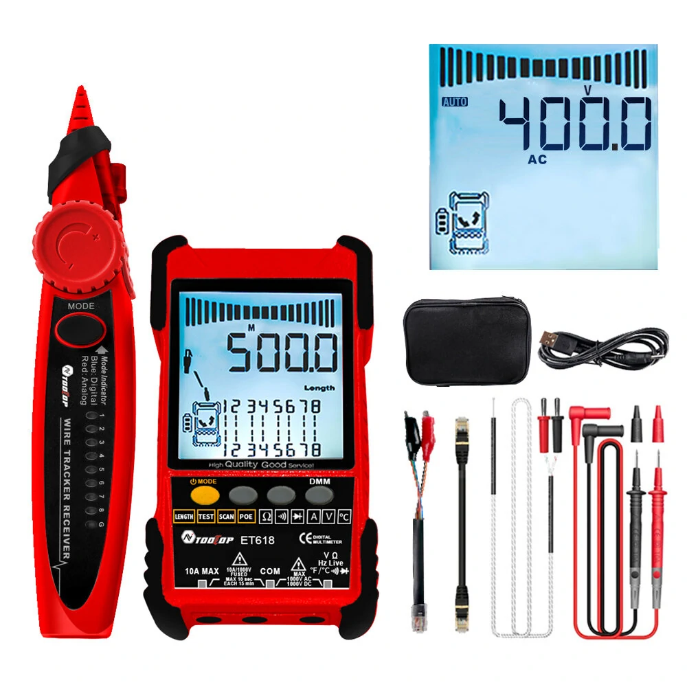 TOOLTOP Large LCD Screen Network Cable Tester Multimeter 2 in 1 400M 500M Network Cable Length Measure AC DC Current Voltage Measurement Anti noise Line Tracker ET616 ET618