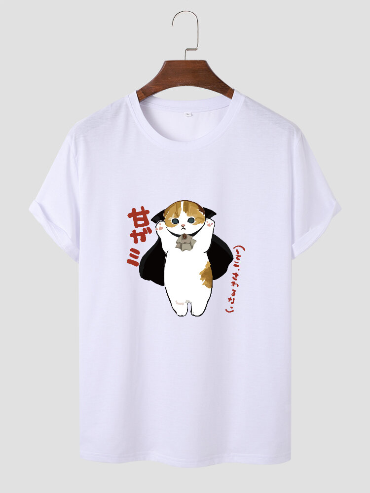 Mens Cute Cat Japanese Print Crew Neck Short Sleeve T-Shirts