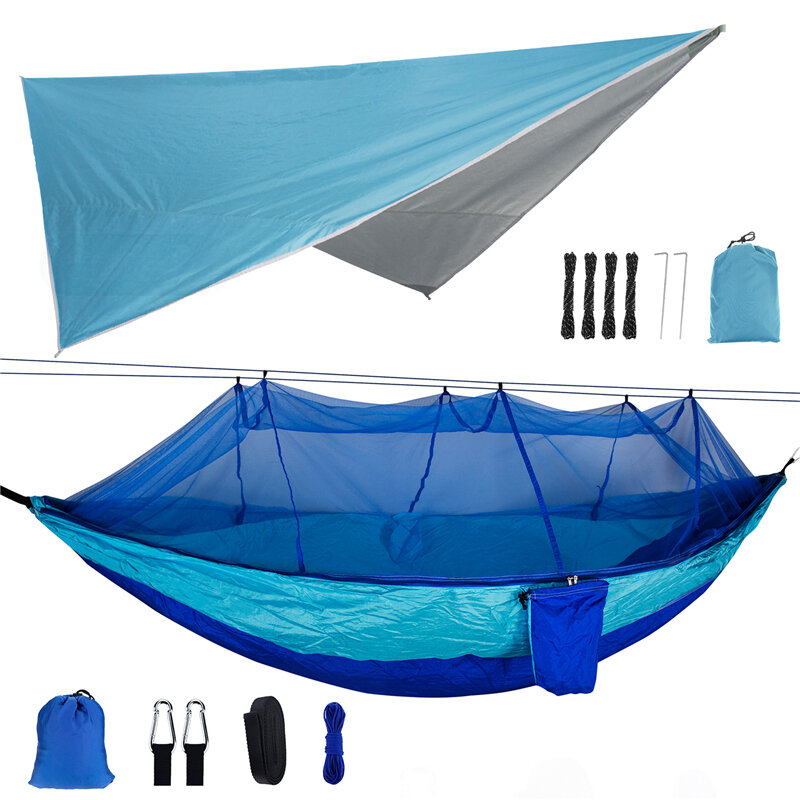 Hamac de camping pour deux personnes 260x140cm avec moustiquaire + auvent de camping en plein air 300x260cm charge maximale 300 kg