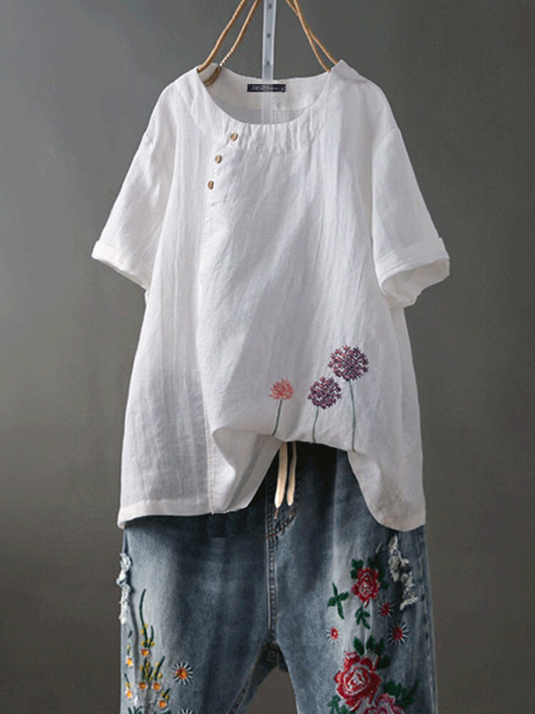 O-hals gebloemde vintage blouse met korte mouwen en borduurwerk