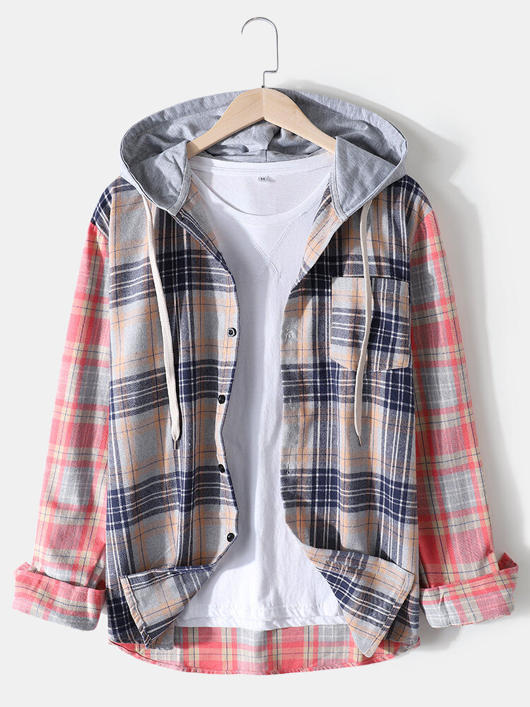 Mens Patchwork Plaid Cotton Long Sleeve Drawstring Hooded Shirts With Pocket