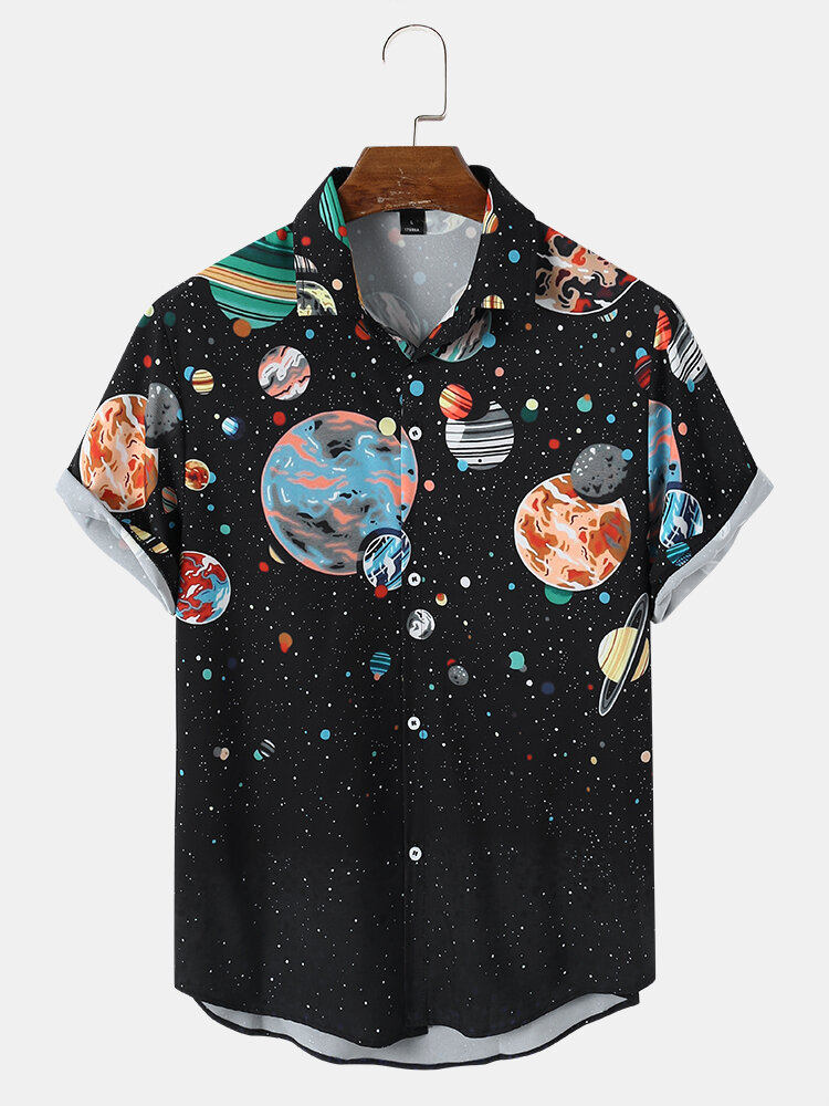 Heren Galaxy Planet Print zwarte revers shirts