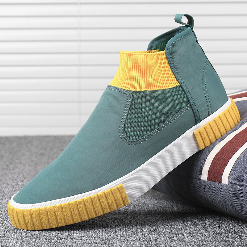Men Comfy Breathable Canvas Elastic Slip On High Top Casual Sneakers