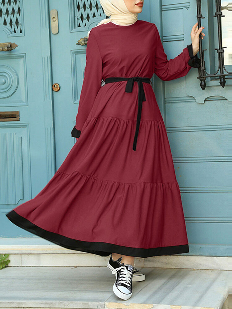 

Women Contrast Color Ruffles Hem Lace-Up Patchwork Kaftan Tunic Maxi Dress