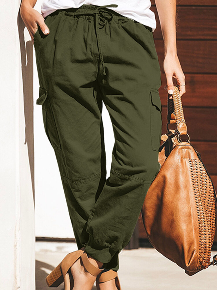 Women Solid Color Cotton Pockets Overalls Trouser Pants