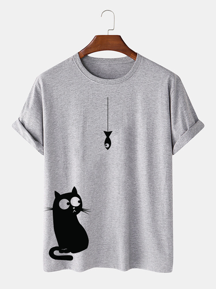 100% katoen Cartoon Cat Print ronde losse hals T-shirts met korte mouwen