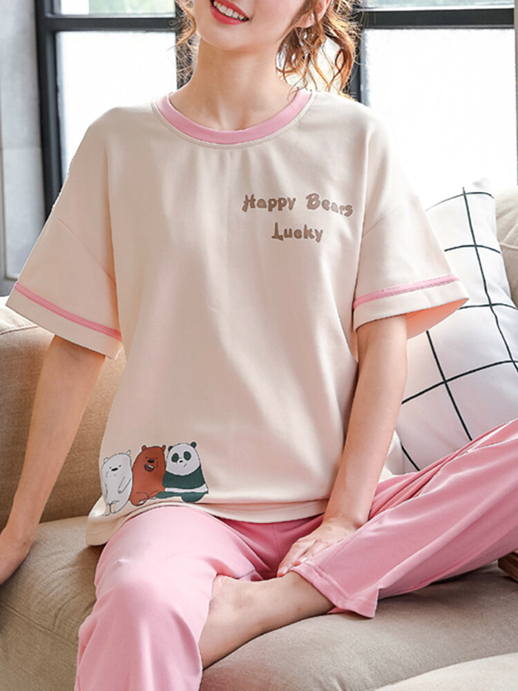 Plus Size Women Cute Cartoon Animal Print Cotton Pyjama Sets met korte mouwen