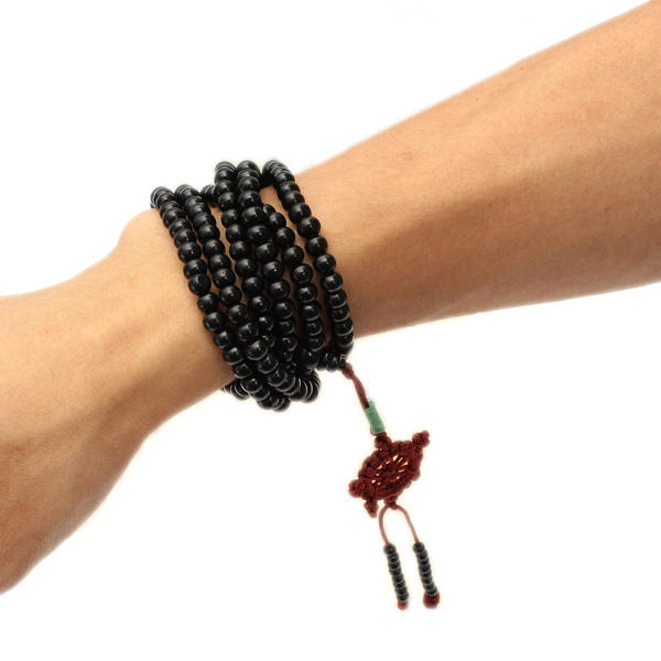 Trendy Black Sandalwood Buddhist Buddha Multilayer Beads Weaving Bracelet Necklace for Men