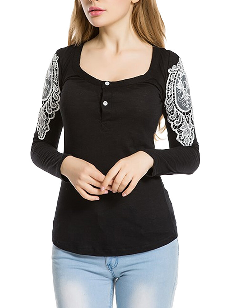 Image of Casual Slim Sexy Spitze Hkeln Patchwork Button Damen T-Shirt