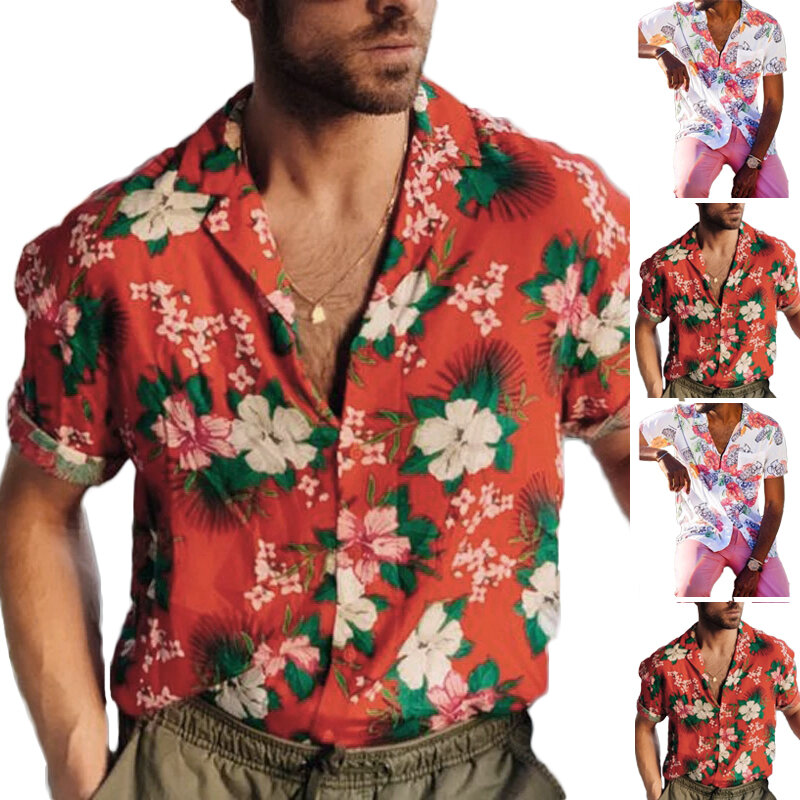 

INCERUN Summer Men Hawaiian Shirt Flower Printed Casual Streetwear Breathable Beach Blouse Short Sleeve Lapel Mens Shirt