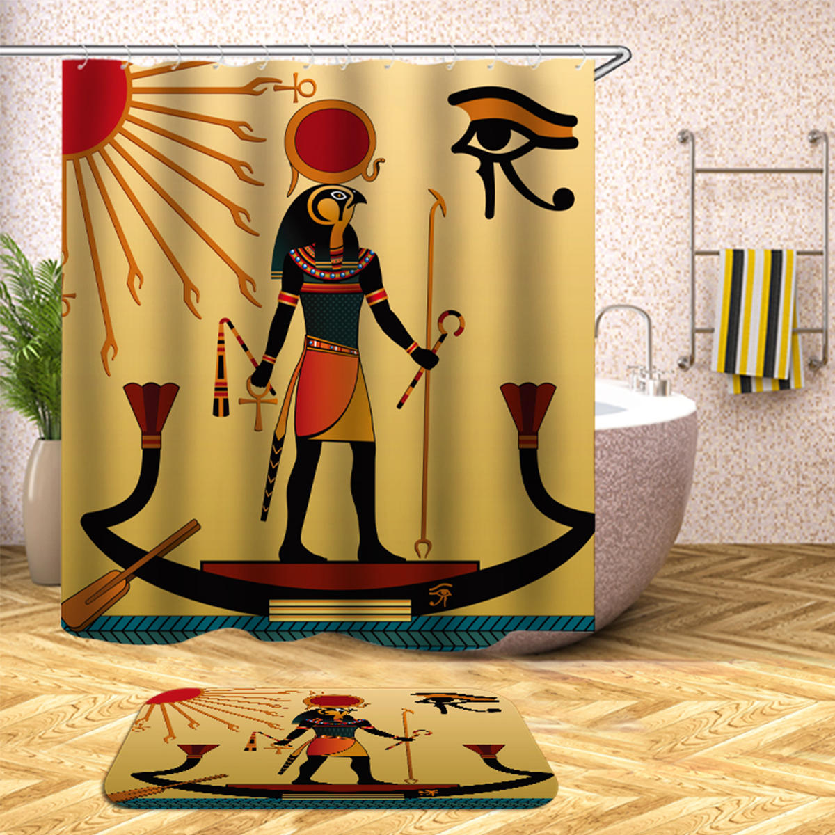 

Waterproof Egyptian Style Shower Curtains With 12pcs Hooks Bathroom Toilet Rug Mat Set