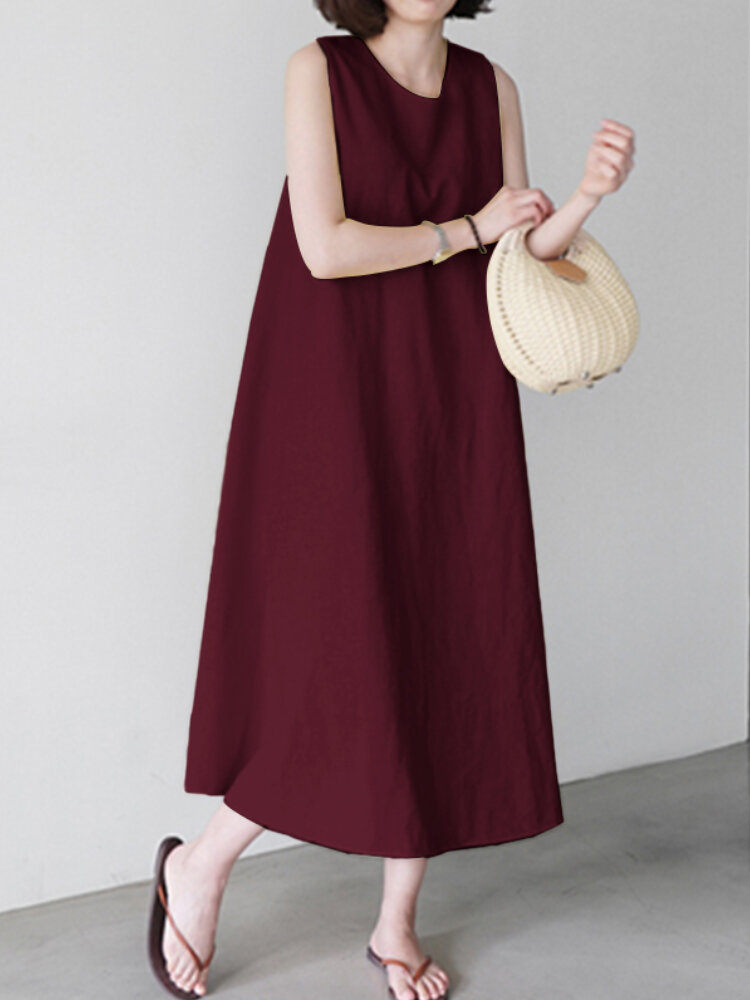 Women Solid Color Sleeveless O-Neck Casual Elegant Dress With Pockets