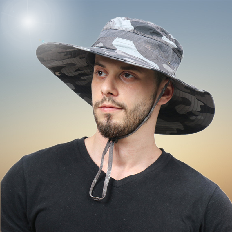 Men Bucket Hat Polyester Mesh Patchwork Camouflage Wide Brim Quick-drying Breathable Sunscreen Outdoor Fishing Climbing