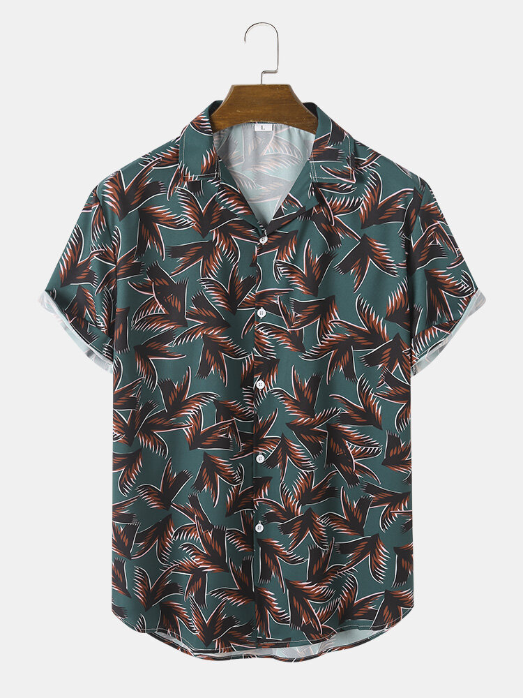 

Mens All Over Plant Leaf Print Camp Collar Short Sleeve Shirts