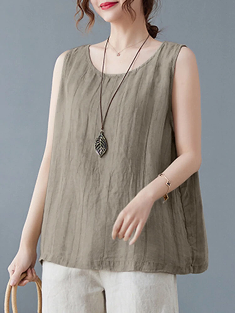 Cotton solid round neck sleeveless casual tank top