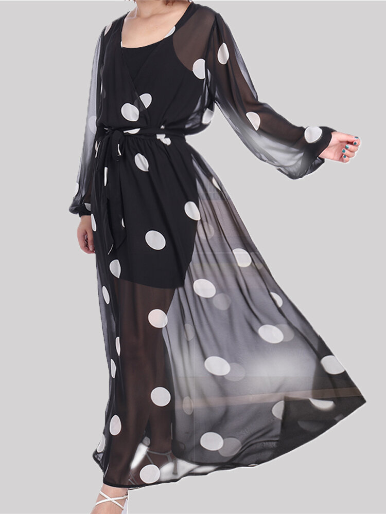 

Polka Dot Print Perspective Puff Sleeve Casual Loose Maxi Dress
