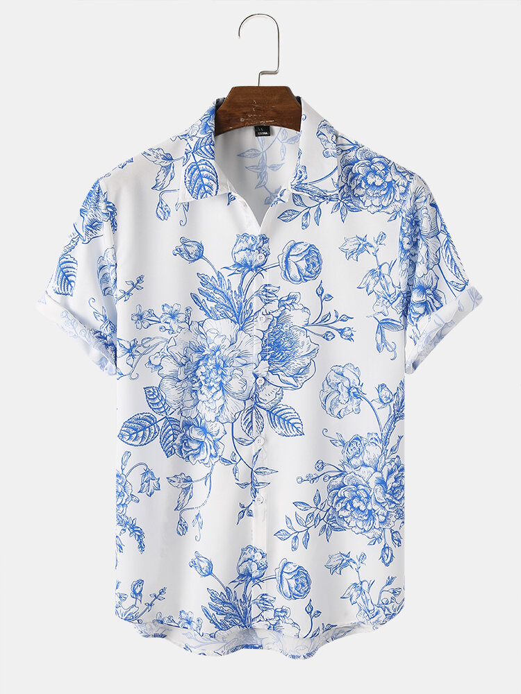 Mens Fashion Floral Print Chinese Style Short Sleeve Shirts