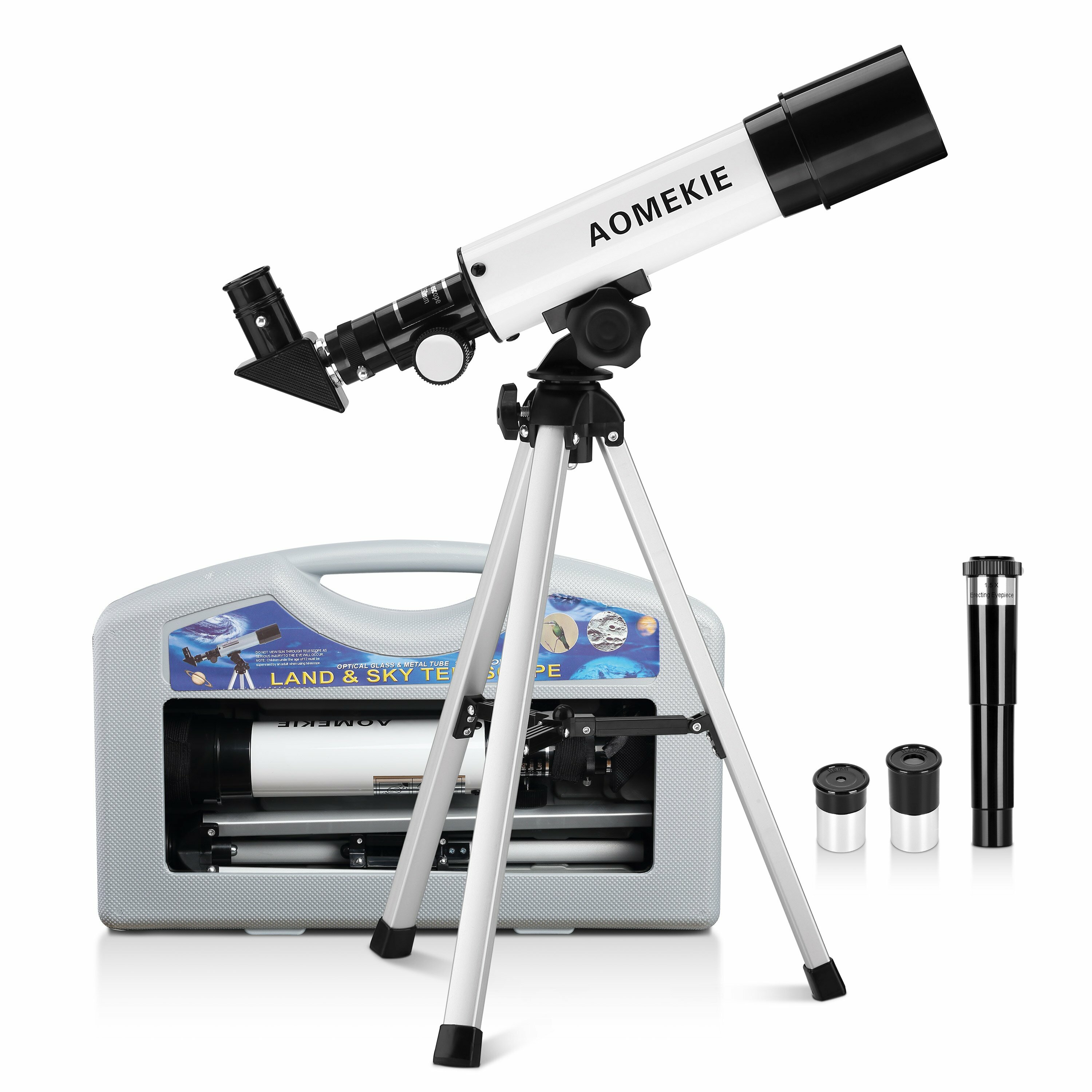 初心者用のAOMEKIE天体望遠鏡50/360mm、キャリングケース、三脚、直立接眼レンズ付き