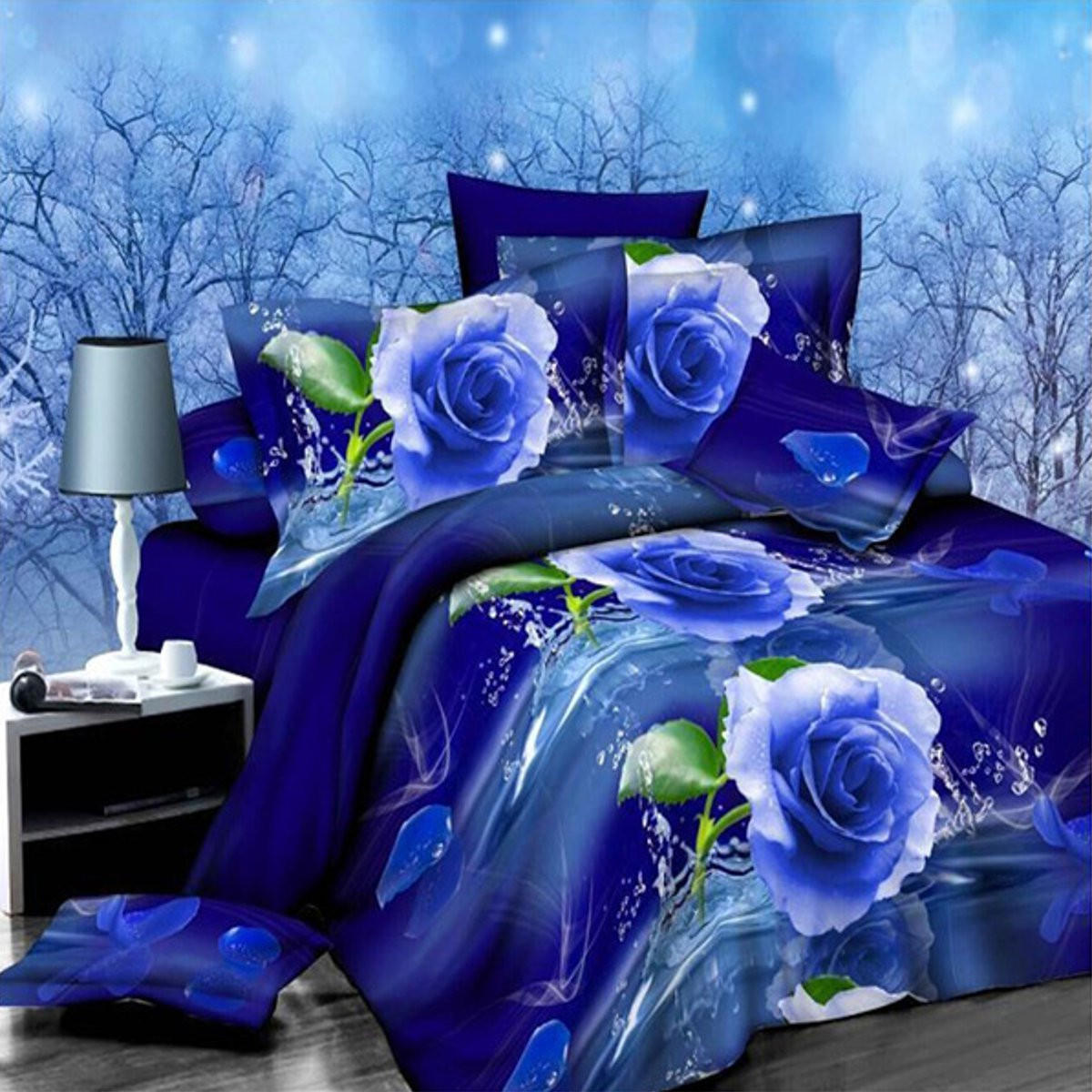 

4шт костюм полиэфирного волокна 3d голубой розы реактивной крашение комплекты постельных принадлежностей Королева Король