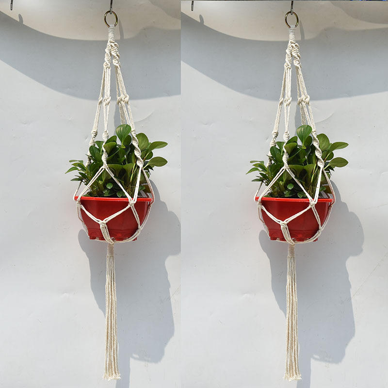 4 Legs Handmade Crude Cotton Flower Pot Decorations Hanging Basket Plant Hanger Rope with Iron Coils